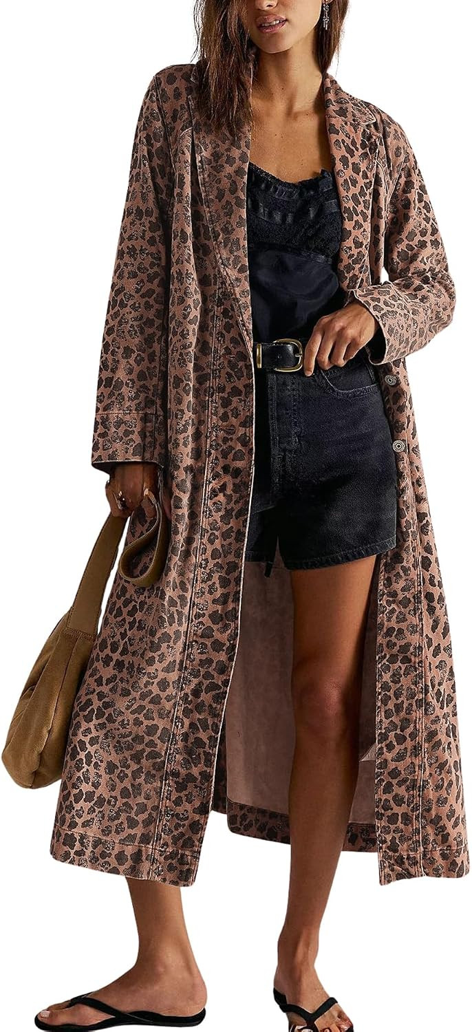 chouyatou Women 2026 Fall Leopard Print Denim Trench Coat Distressed Midi Long Denim Jean Jacket Overcoat | Amazon (US)
