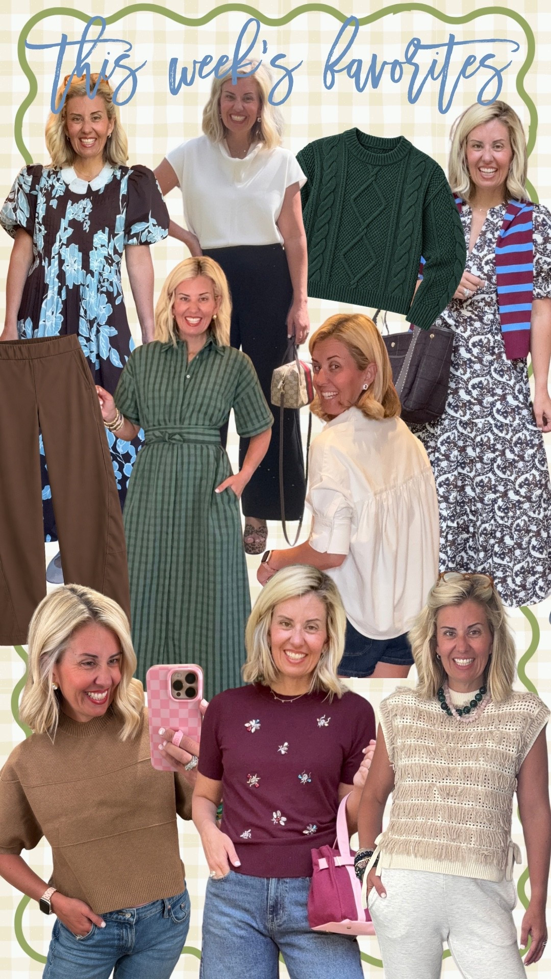 This week’s favorites according to y’all!
Sizing:
Avara dress - small
Jumpsuit - small petite
Green sweater - xs
Walmart dress - xs 
Walmart top - small
Ruti Pants - 4P
Tnuck Dress - xs 
Mabel blouse - xs
Marie Oliver top - xs 
Puff sleeve pullover - xs

CODES: 
Marie Oliver - CATHERINE15 
Avara - mixandmatch15 off 1st order