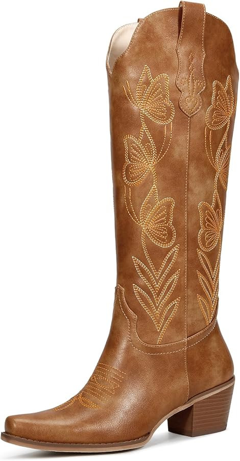 wetkiss Cowboy Boots for Women Knee High Cowgirl Boots - Butterfly Embroidered Zipper Chunky Heel... | Amazon (US)