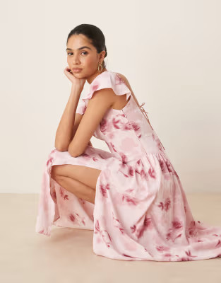 Abercrombie & Fitch flutter sleeve dipped waist maxi gown dress in pink floral | ASOS | ASOS (Global)