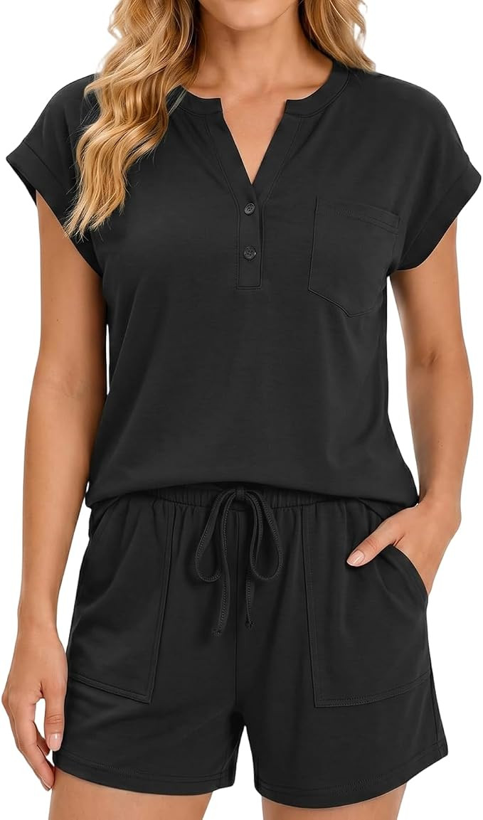 2 Piece Sets for Women Summer Outfits 2026 Henley Top Drawstring Shorts Set Matching Lounge Set f... | Amazon (US)