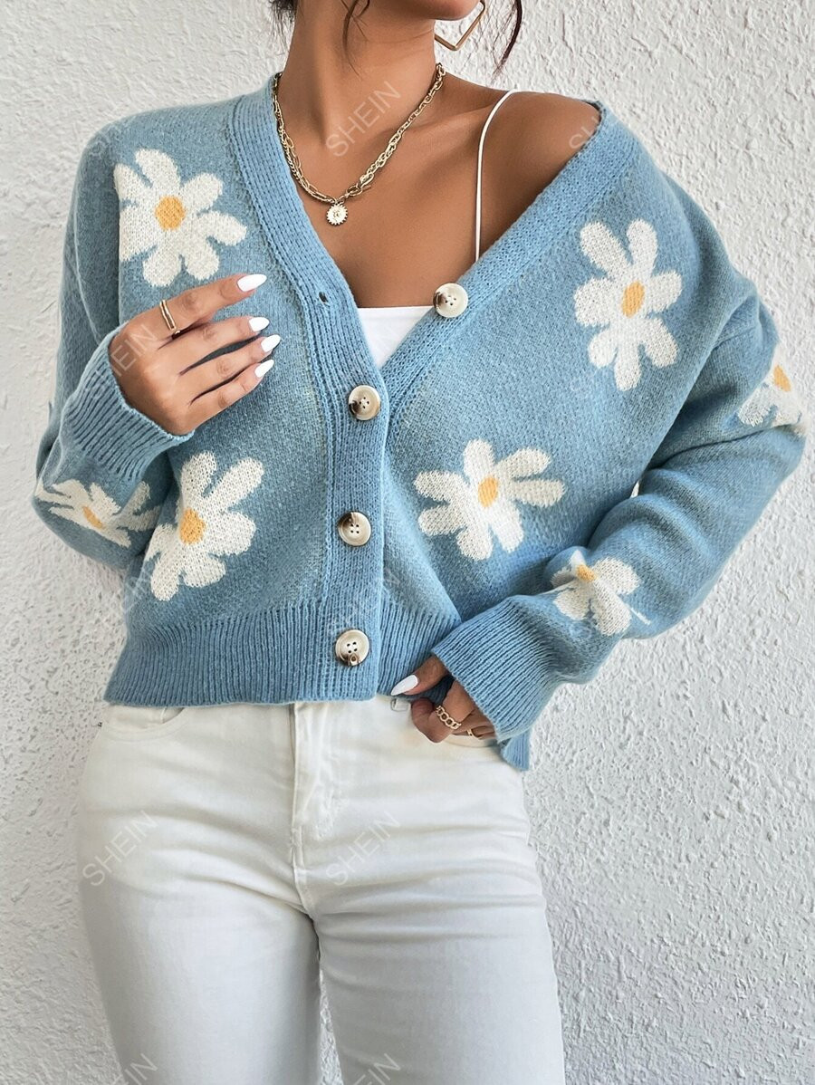 SHEIN Qutie Floral Pattern Drop Shoulder Cardigan | SHEIN