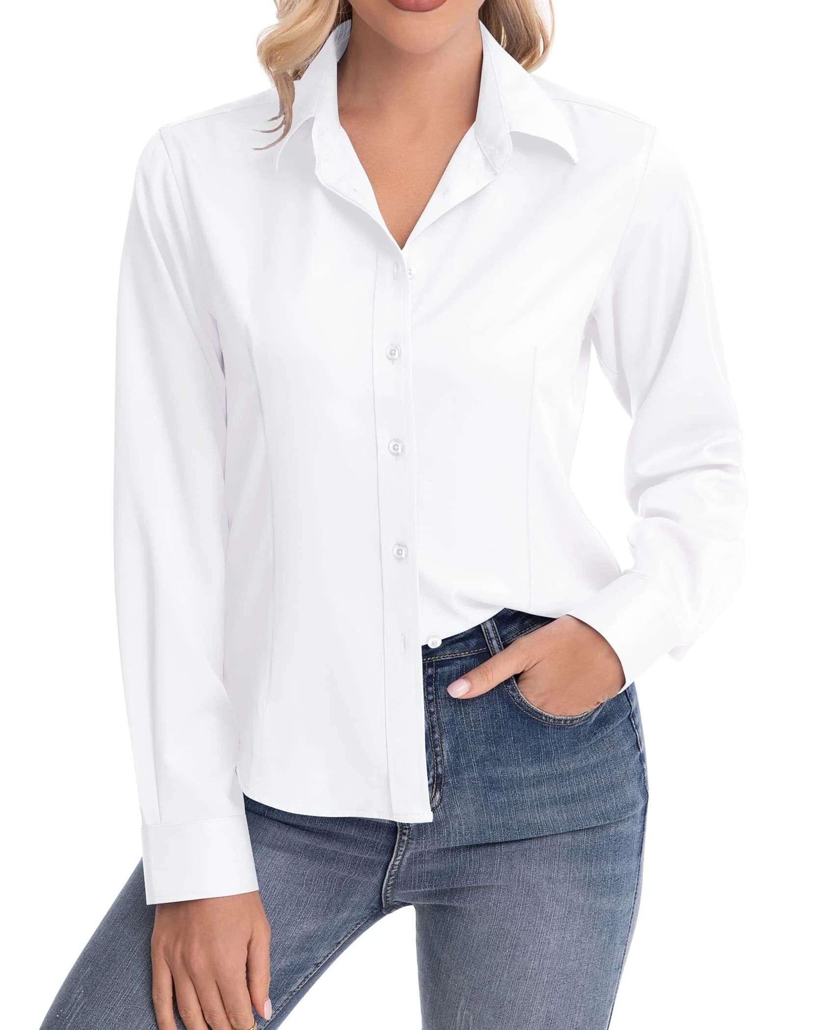 Siliteelon Women's Long Sleeve Button Down Shirts Wrinkle-Free Office Work Blouse | Walmart (US)