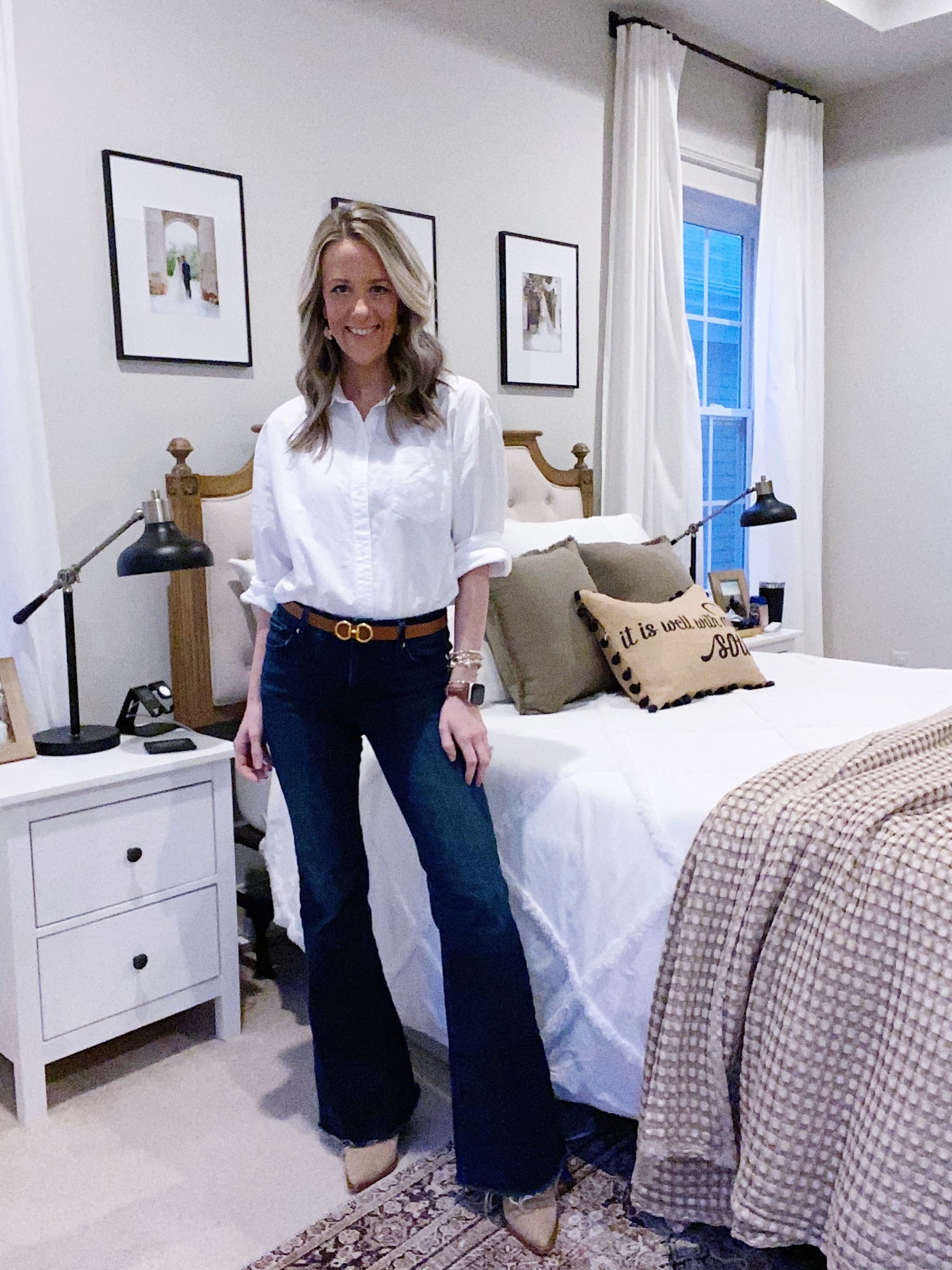 I love these Express flares. They are so stretchy and flattering. They come in a couple of washes   

Flares: Express (S) I am 5’4” and they are perfect with boots but a bit too long with flats. 
White Button-Down: Old Navy (XS)
Thin Belt: Amazon Find 
Leather Apple Watch Band: Amazon Find 

Smart Casual | Elevated Mom Style | Business Casual | Spring Date Night Outfit | Express Flare Jeans | Affordable Spring Outfit | 30s Mom Style | Poplin Shirt | Old Navy Spring Find | Casual Workwear



#LTKFindsUnder100 #LTKWorkwear #LTKSeasonal