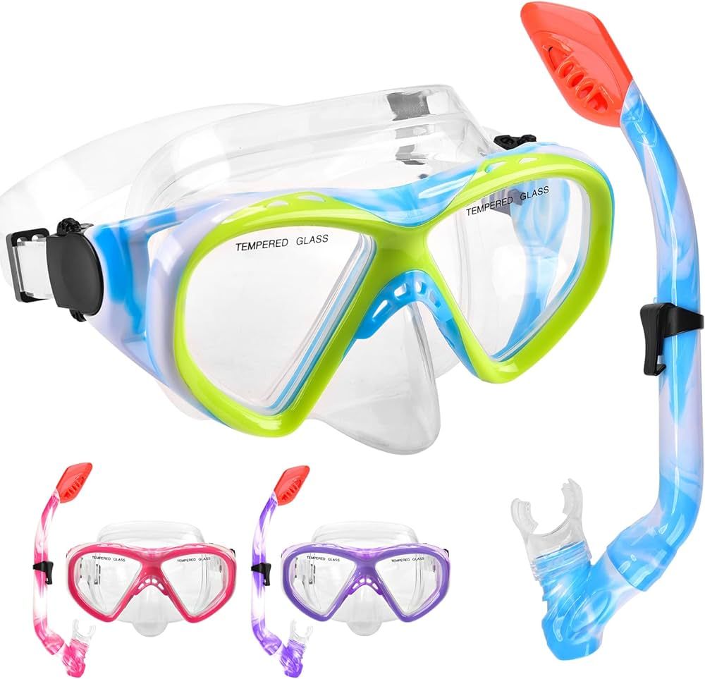 Kids Snorkel Set Dry Top Snorkeling Gear for Kids Youth Boys Girls Junior Age 5-15,Tempered Glass... | Amazon (US)
