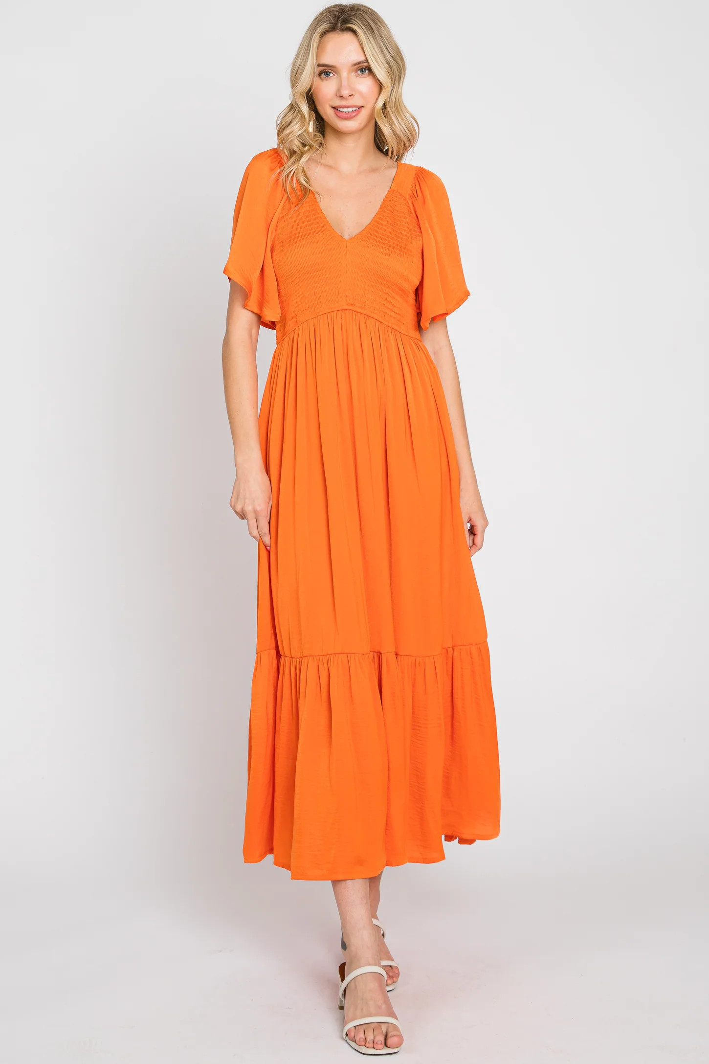 Orange Satin Smocked Midi Dress | PinkBlush Maternity