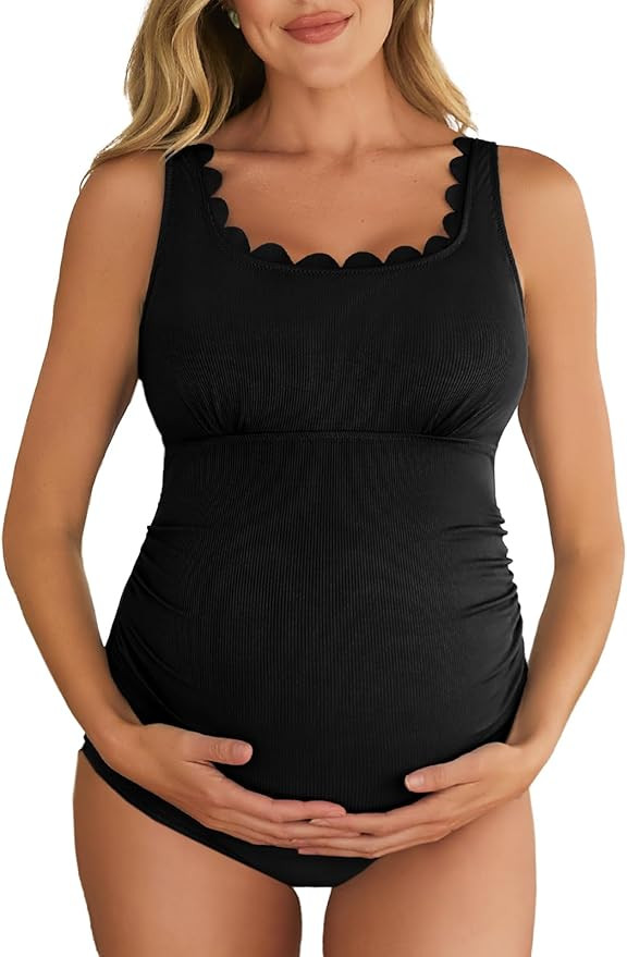 Summer Mae Ribbed Maternity One Piece Swimsuit Scalloped Cut Out Pregnancy Bathing Suit Square Ne... | Amazon (US)