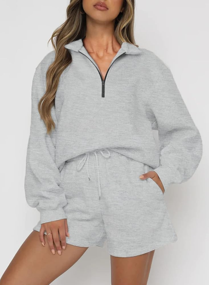 Lingswallow 2 Piece Lounge Sets for Women - Oversized Sweatshirt and Shorts Half Zip Fleece Sweatsui | Amazon (US)