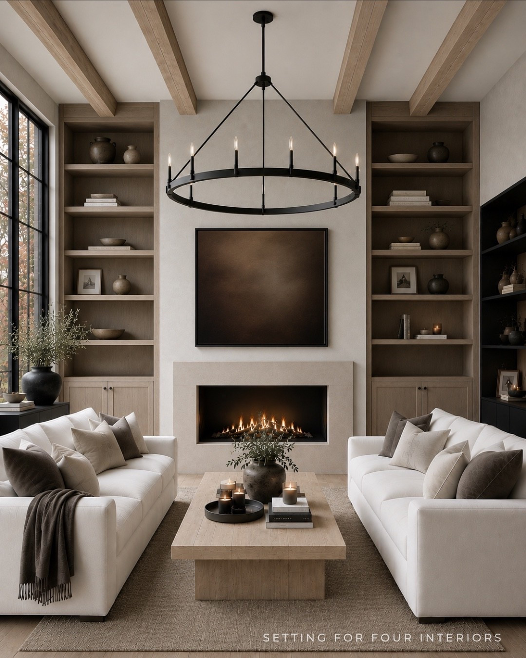 Neutral great room. Chandelier, sofa, rug, coffee table, bookcase, home decor, Restoration Hardware style, Pottery barn style, Nancy Meyers, earthy, moody, organic modern, transitional, neutral aesthetic.

#LTKHome #LTKSaleAlert #LTKmomlife