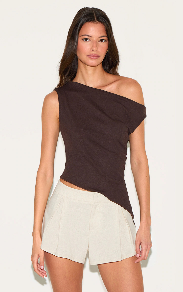 Deep Chocolate Burnout Mesh Asymmetric Long Top | PrettyLittleThing US