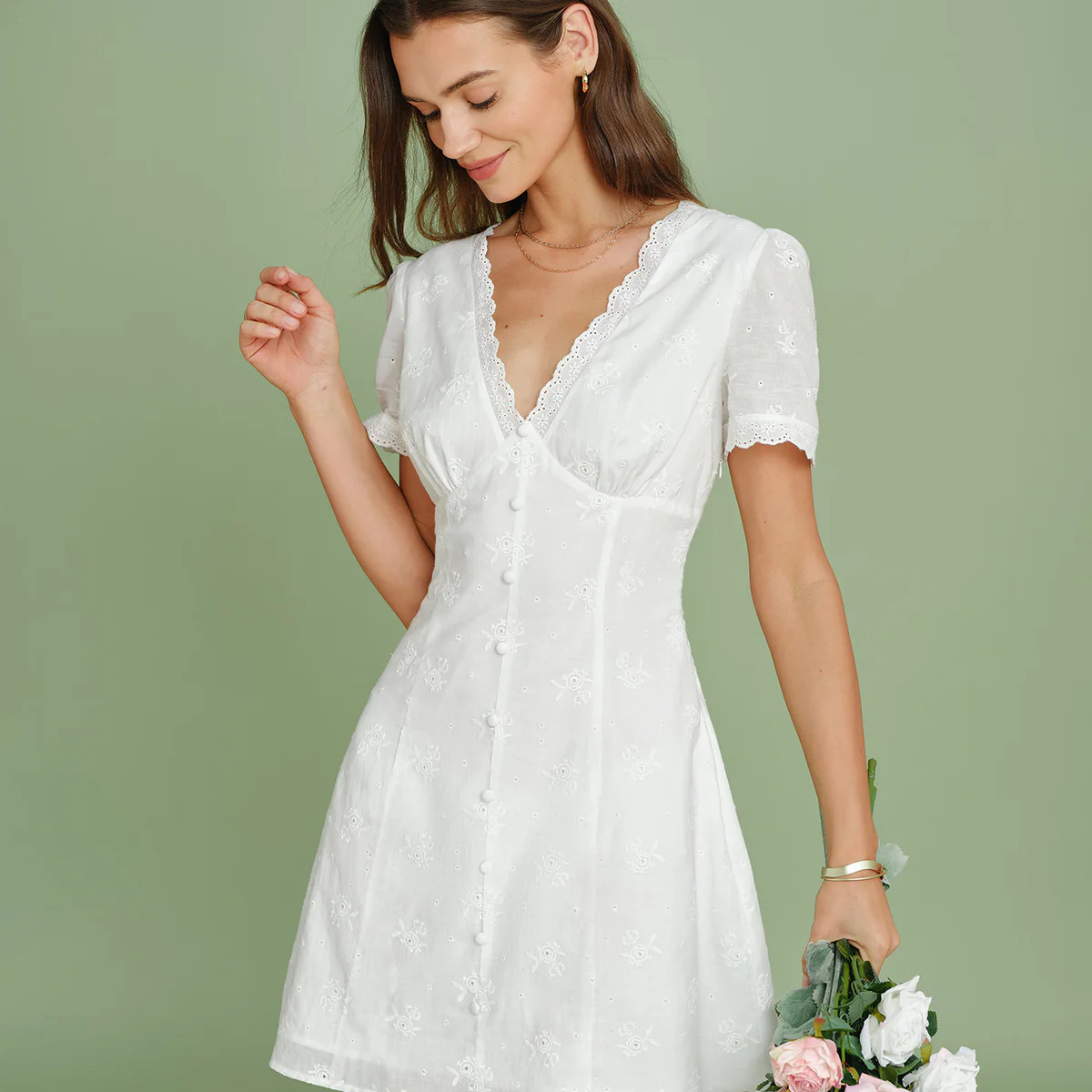 White V Neck Embroidery Lace Mini Dress & Reviews - White - Dresses | RIHOAS | rihoas.com