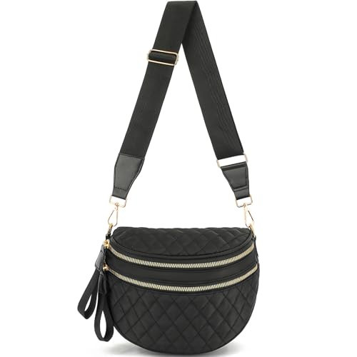 HuiLeo Bum Bag for Women Quilted Nylon Crossbody Shoulder Bag Large Belt Purse Fanny Packs (Black) | Amazon (US)
