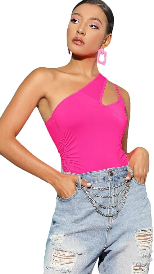 SheIn Women's Basics Sleeveless One Shoulder Cutout Bodice Bodysuit | Amazon (US)