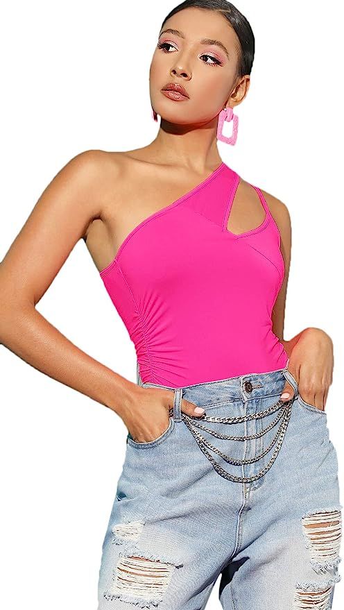 SheIn Women's Basics Sleeveless One Shoulder Cutout Bodice Bodysuit | Amazon (US)