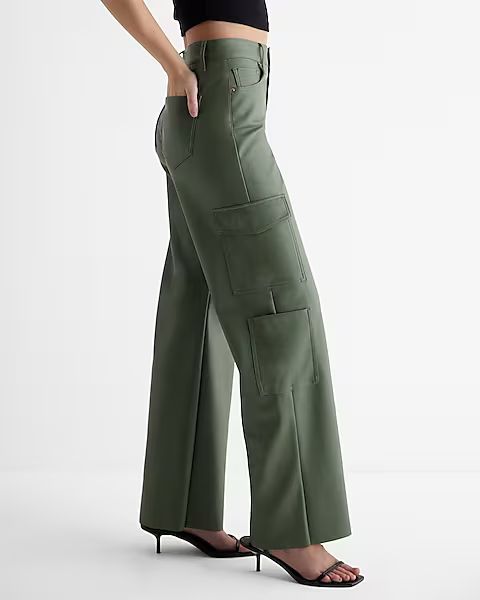 High Waisted Faux Leather Wide Leg Cargo Pant | Express