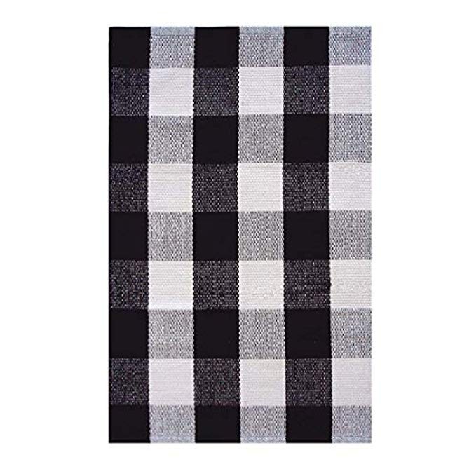 Ukeler Retro Farmhouse Tartan Checkered Plaid Rugs Door Mat - 100% Cotton - Black/White Hand-Woven F | Amazon (US)