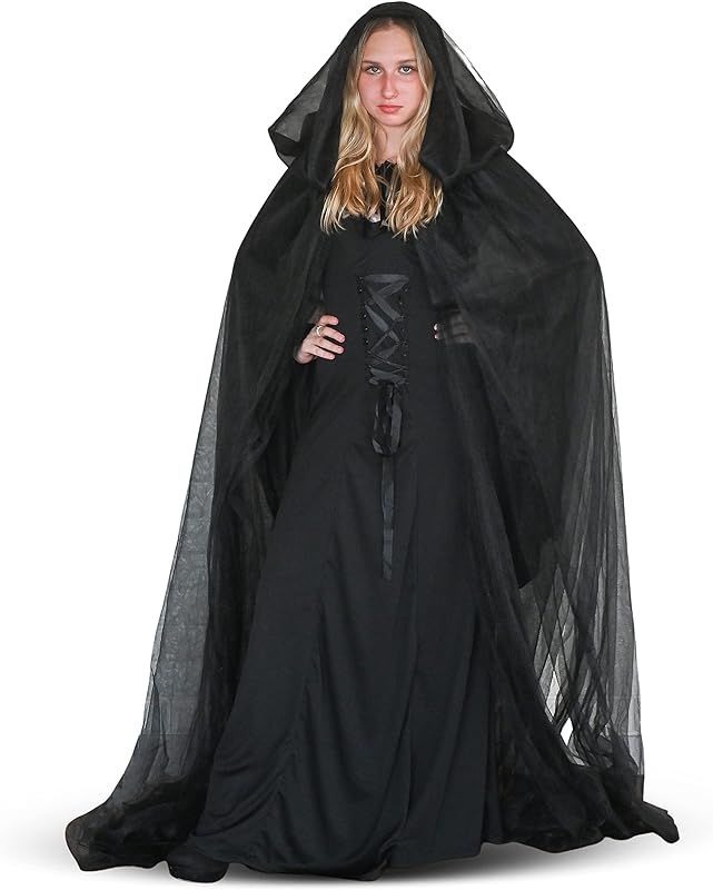 Black Hooded Tulle Cape - Long Chiffon Medieval Net Robe Vampire Bride Sheer Cloak Costume for Adult | Amazon (US)