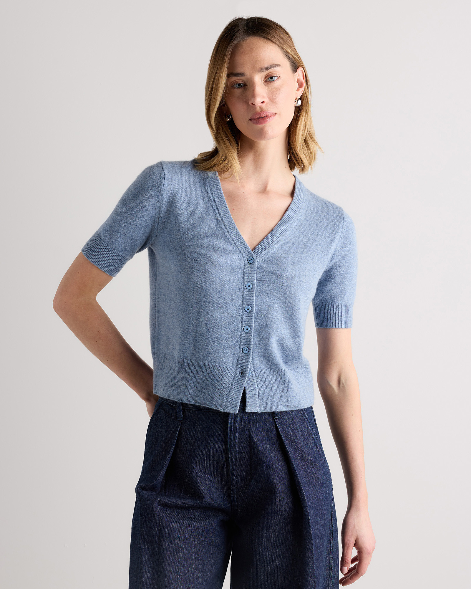 Quince | Women's Mongolian Cashmere Short Sleeve Cardigan Sweater in Faded Denim, Size Small | Quince