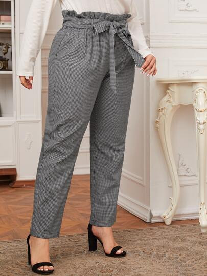 SHEIN Plus Paperbag Waist Belted Gingham Pants | SHEIN