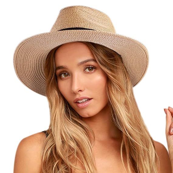 Womens Wide Brim Straw Panama Hat Fedora Summer Beach Sun Hat UPF50 | Amazon (US)