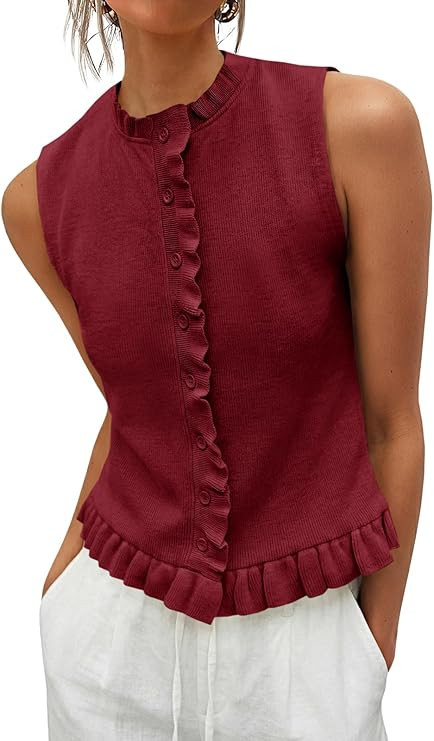 Saodimallsu Womens Sleeveless Sweater Vest Ruffle Button Down Knit Tank Top Summer Trendy Going O... | Amazon (US)