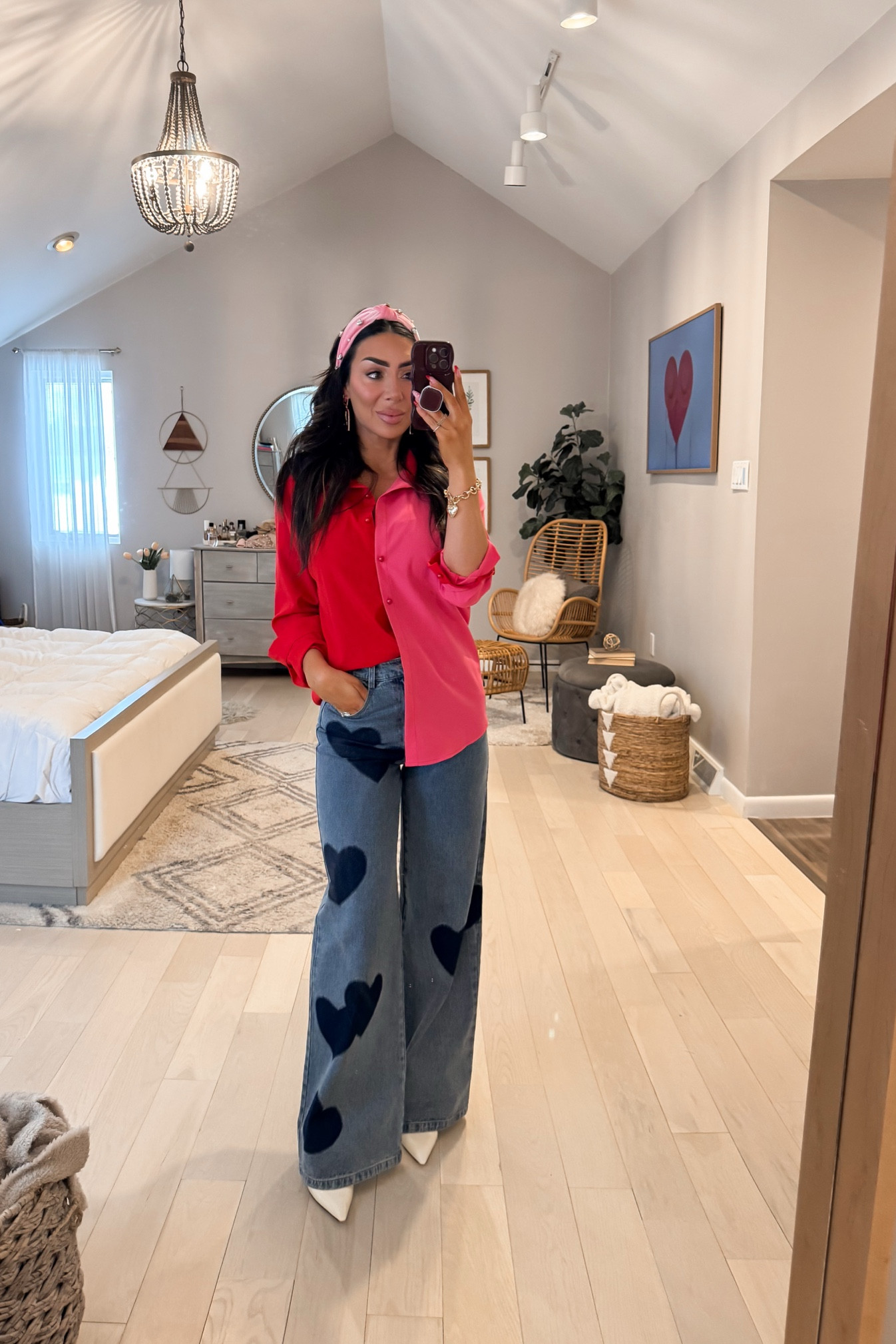 Valentine’s Day outfit ❤️🩷💌

Cute and casual bday outfit—Love these wide leg heart jeans!! 

Top- wearing M
Wide leg jeans- wearing size S
Dior slingbacks- sold out in white patent (linked in two other colors/materials) 