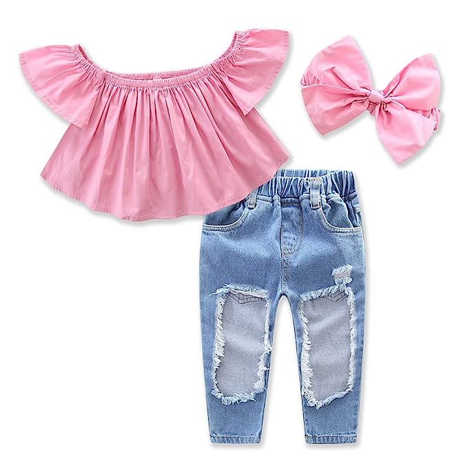 Girls Hole Jeans Trousers Off Shoulder Clothing Headband 3pcs Baby Set Size 6M-5Y | Amazon (CA)