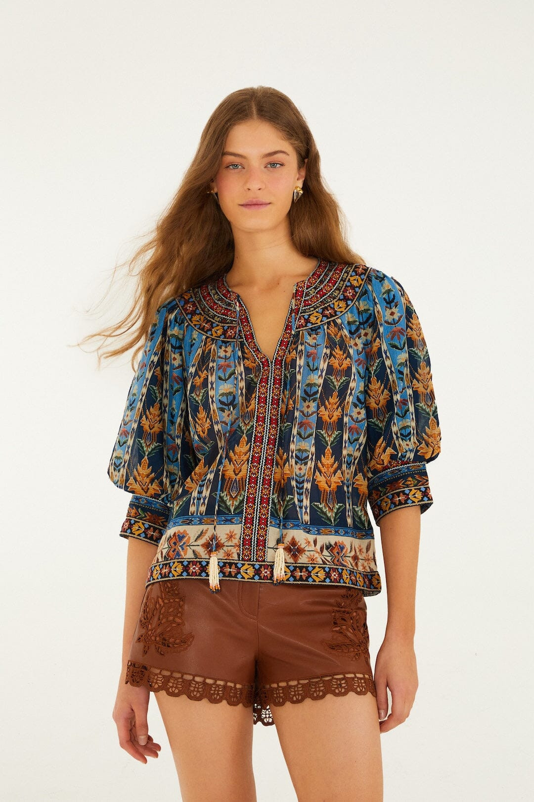Blue Embroidered Tapestry Tassels Puff Sleeve Blouse | FarmRio (US)
