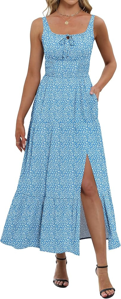 ANRABESS Women Summer Casual Floral Printed Square Neck Sleeveless Straps Elastic Waist Slit Beac... | Amazon (US)