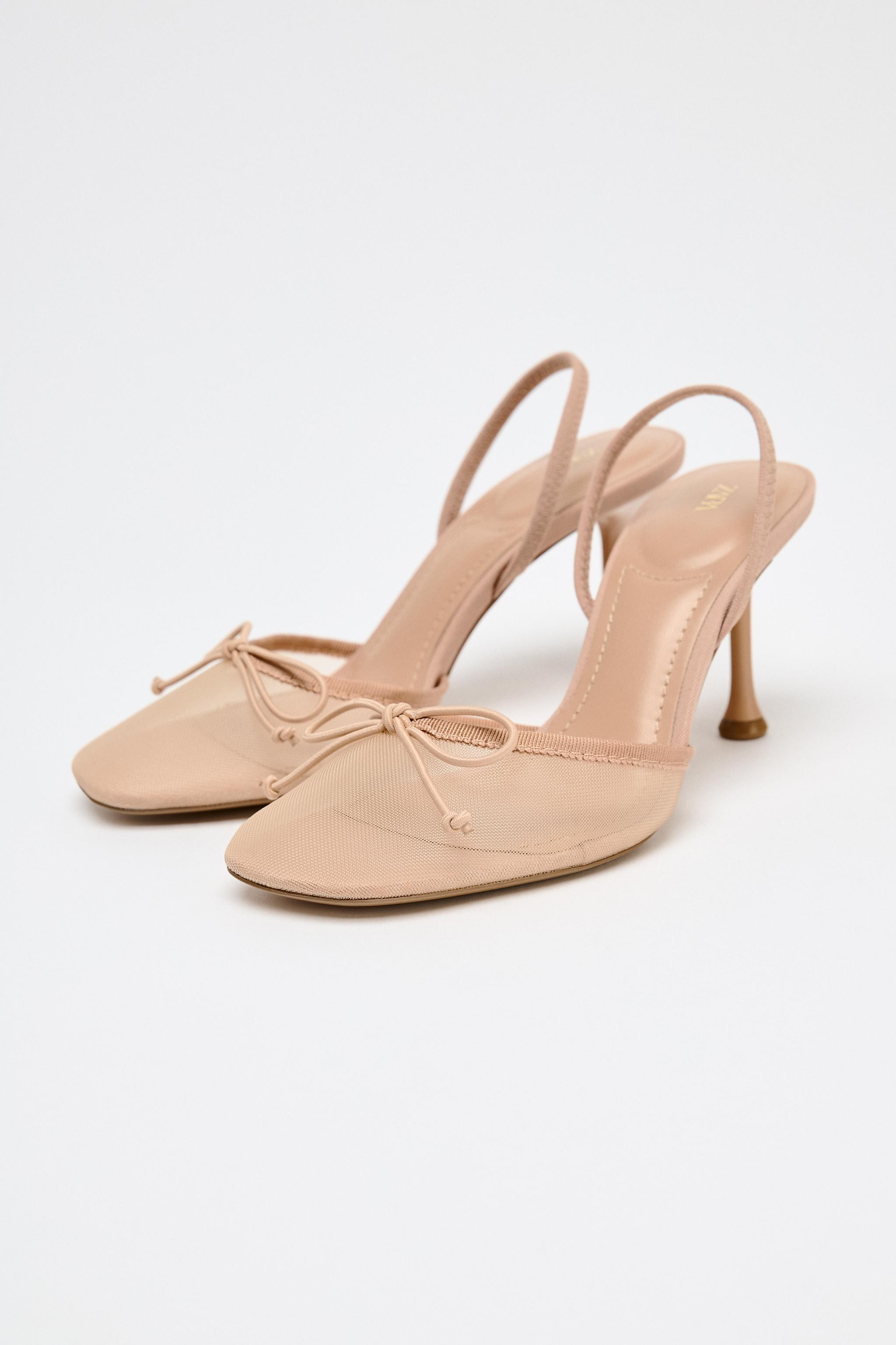 Slingback ballerina flats. Mesh upper and bow detail on the front. Thin mid-height heel. Elastic ... | Zara US