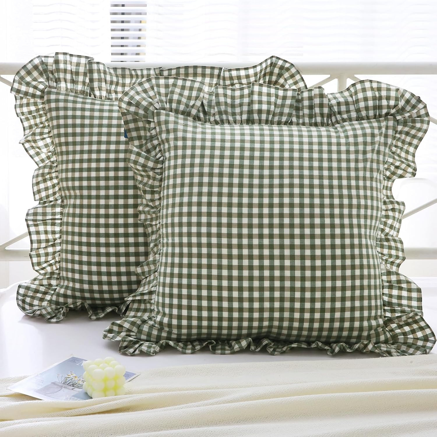 Sage Green Plaid Ruffle Euro Pillow Shams 26"x26",2 Pack Vintage Checkered Washed Cotton Pillow C... | Amazon (US)