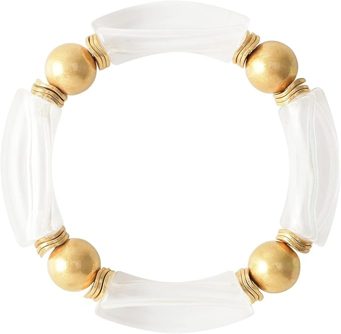 LALAPPLE Gold Plated Beaded Acrylic Bamboo Tube Bangle Bracelets for Women, Colorful Chunky Curve... | Amazon (US)