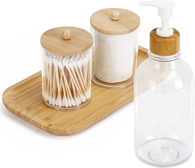 SGHUO Bathroom Accessories Set 4 - Soap Dispenser & 2 Plastic Apothecary Jars with Bamboo Lids & ... | Amazon (US)