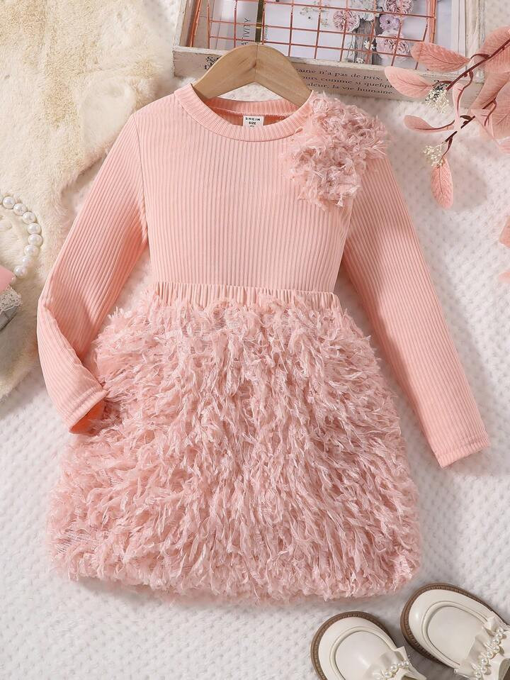 SHEIN Young Girl Ribbed Knit Tee & Fuzzy Trim Skirt | SHEIN USA | SHEIN