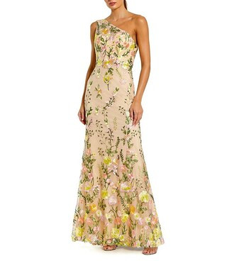 Petite Size One Shoulder Floral Embroidered Lace Gown | Dillard's