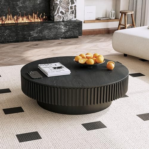 39'' Round Coffee Table with Storage, Modern Wooden Coffee Table with Solid Wood Veneered, Circle Center Table Accent Tea Table for Living Room Apartment Black | Amazon (US)