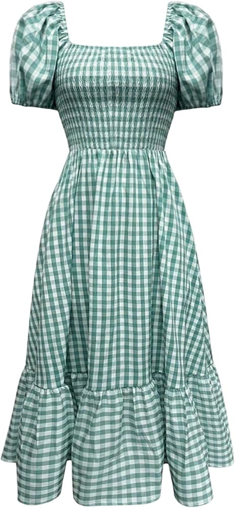 Floerns Women's Gingham Plaid Short Puff Sleeve Dress Square Neck Ruffle Summer Maxi Dresses | Amazon (US)