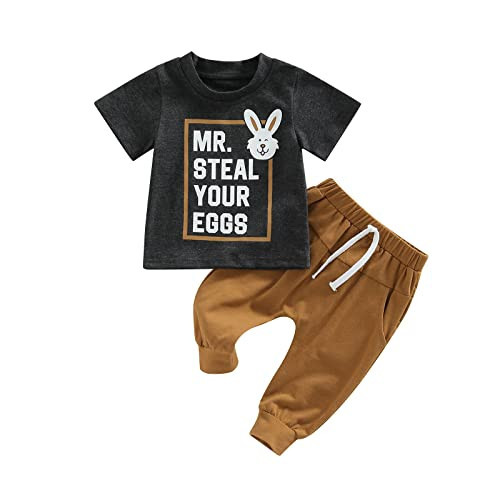 Sasaerucure Infant Toddler Baby Boy Easter Outfits Short Sleeve Shirts Bunny T-Shirt with Pants 2Pcs Spring Summer Outfits (Bunny Dark Gray, 0-6 Months) | Amazon (US)