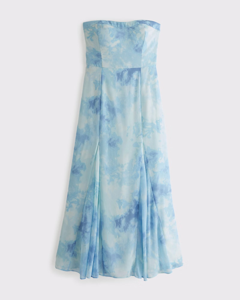 Abercrombie & Fitch Women's The A&F Camille Strapless Godet Midi Dress in Pale Aqua Pattern - Size L | Abercrombie & Fitch (US)
