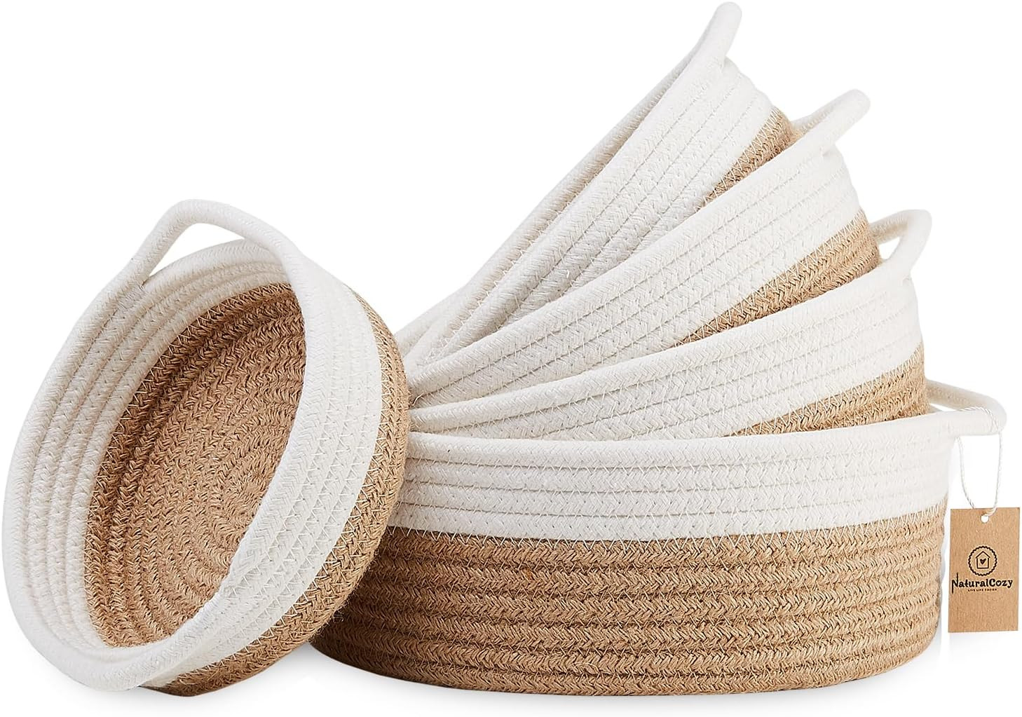 5-Piece Round Woven Cotton Rope Storage Baskets for Organizing, Small Shallow Nesting Set for Montessori Toys, Entryway Catchall, Fruit Bowl, Key Tray, Remote Holder, Nursery & Pet Toys | Amazon (US)