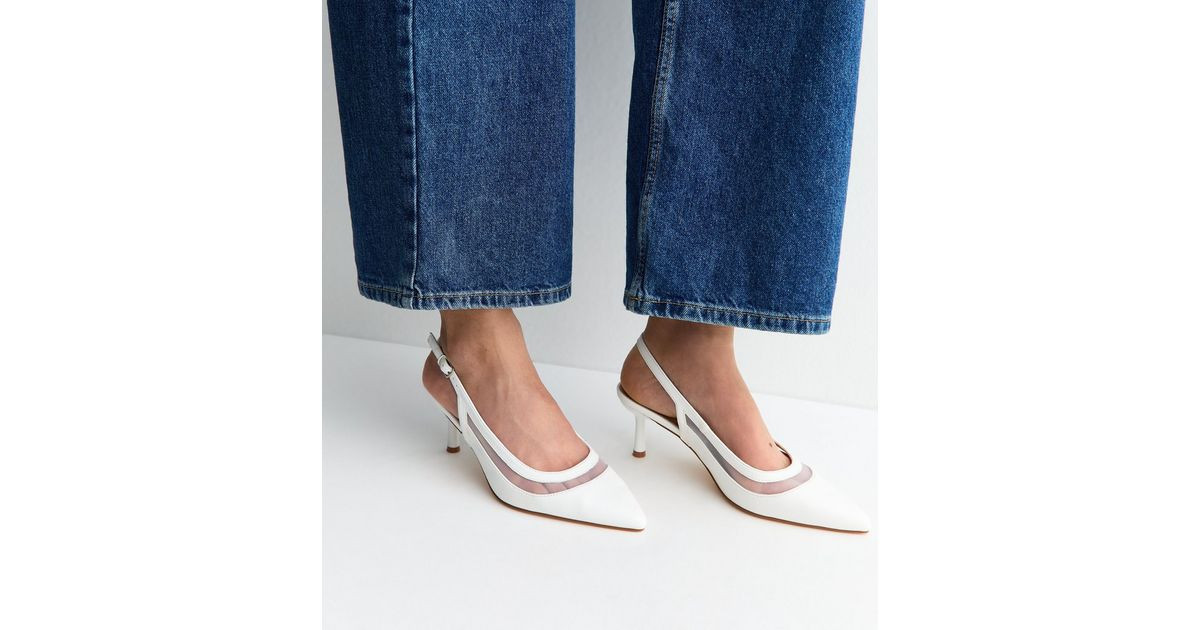 White Mesh Panel Slingback Court Shoes | New Look | New Look (UK)