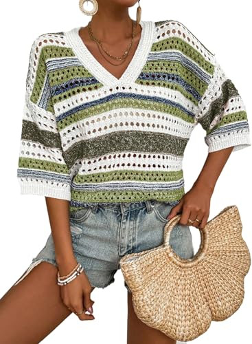 Acelitt Womens Short Sleeve Crochet Knit Sweater Hollow Out Striped Tops Beach Vacation Cruise Ou... | Amazon (US)