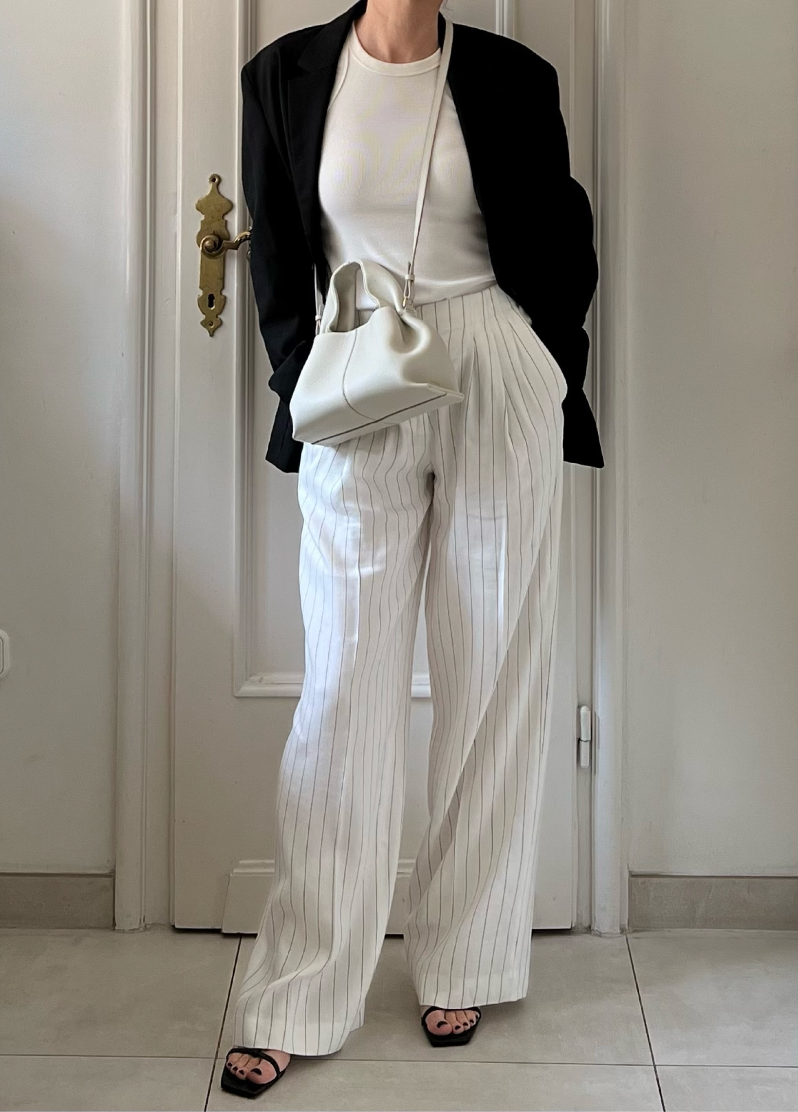 Blazer outfit, black blazer, black blazer outfit, spring outfit, striped trousers, tailored trousers, tank top, black sandals, heels, crossbody bag, cream bag, Massimo Dutti#LTKspring 

#LTKuk #LTKstyletip