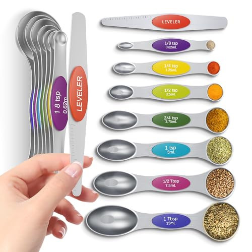 Premium Magnetic Measuring Spoons Set|Strong N52 Magnets|Heavy Duty Stainless Steel|Dual-Sided for Spice Jar & Liquid Measuring|Dishwasher Safe|7 Spoons with Leveler for Baking & Cooking (Colorful) | Amazon (US)