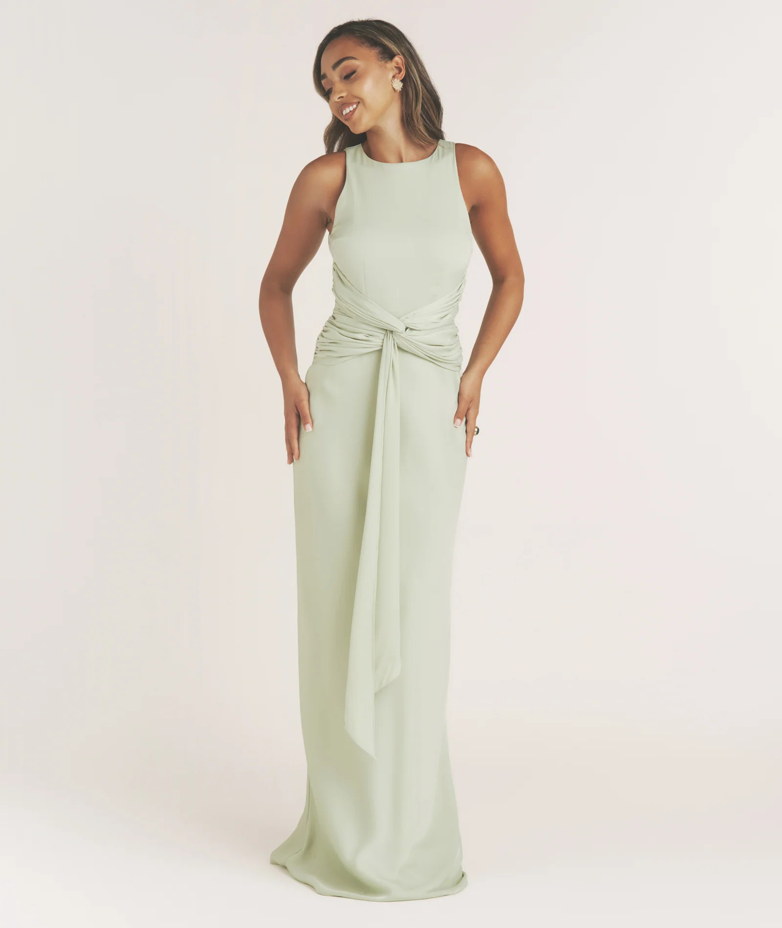 Twist Drape Satin Maxi Dress - Sage | Six Stories