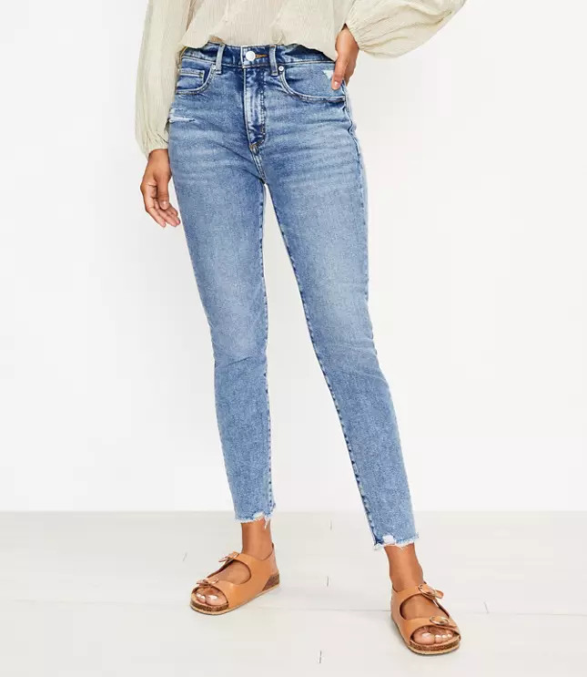 Petite Frayed High Rise Skinny Ankle Jeans in Pure Mid Indigo Wash | LOFT