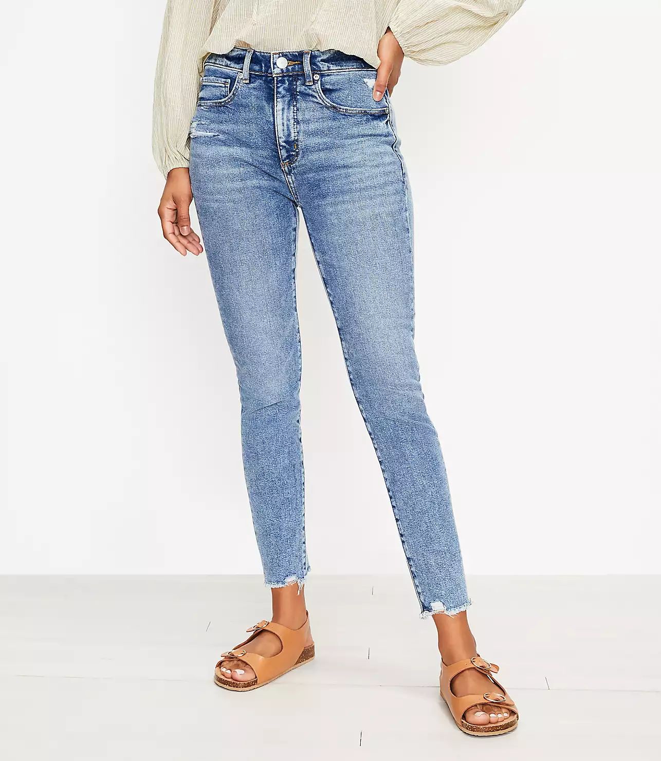 Petite Frayed High Rise Skinny Ankle Jeans in Pure Mid Indigo Wash | LOFT