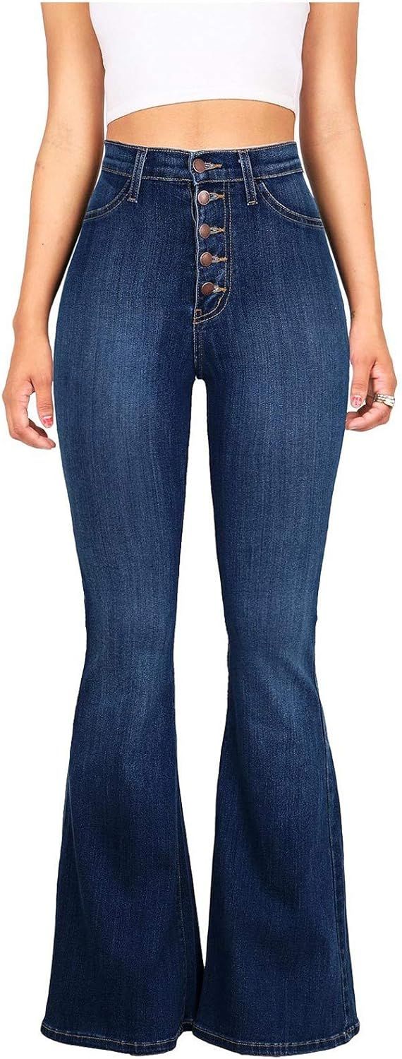 AKIWOS High Waisted Bell Bottom Jeans for Women Retro Zipper Slim Fit Long Bootcut Denim Pants St... | Amazon (US)