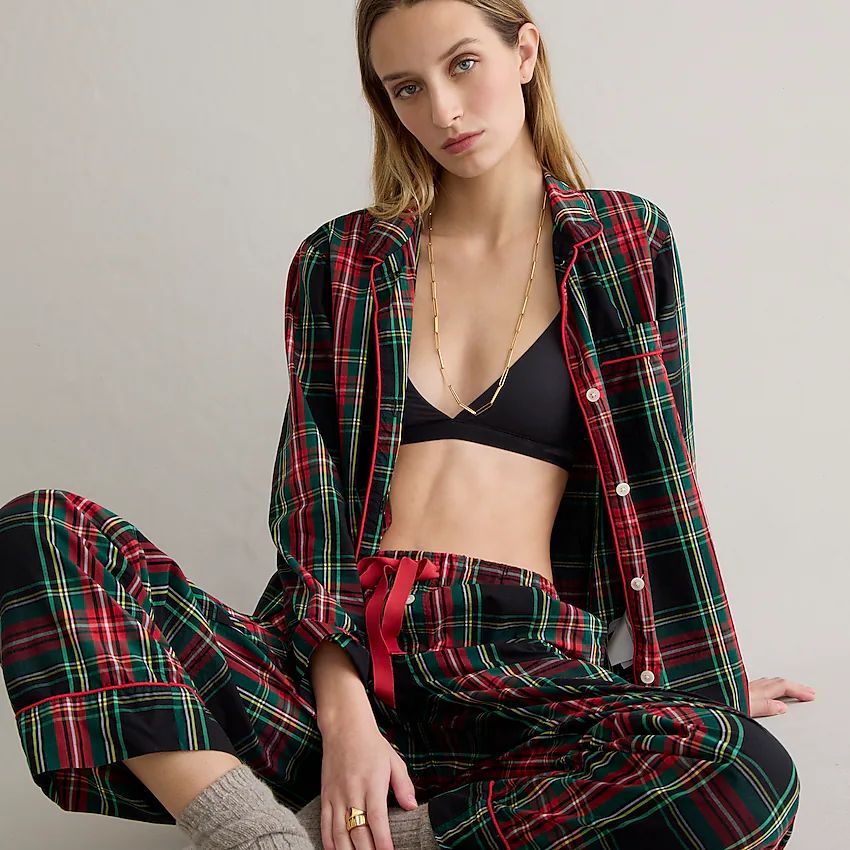 Long-sleeve cotton poplin pajama set in black Stewart tartan | J.Crew US