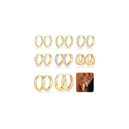 8 Pairs Gold Hoop Earrings Set for Women, 14K Gold Plated CZ Cartilage Earring for Multiple Piercing, Lightweight Hypoallergenic Small Hoop Stackable Jewelry Gift | Amazon (US)